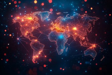 Fototapete - Digital world map with interconnected nodes illustrating global network connections at night