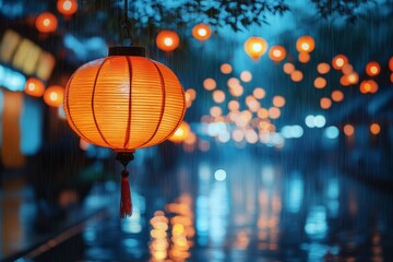 Poster - Soft rain falls on glowing lanterns in a vibrant nighttime street filled with reflections and lights during a festival celebration