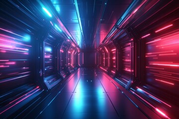 Poster - Colorful neon hallway illuminated with vibrant blue and pink lights in a futuristic setting