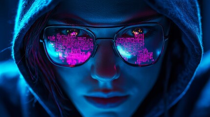Cyberpunk vision: hooded figure with digital reflections in eyewear display