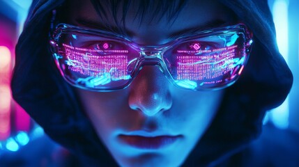 Futuristic hooded figure with digital glasses reflects complex coding patterns
