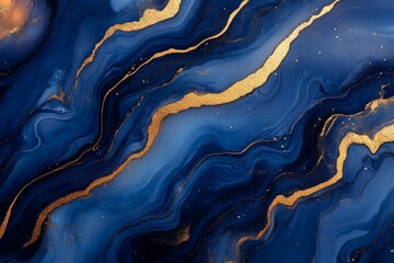 Poster - Fluid art with navy blue and gold accents creating an abstract design