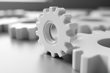 Leinwandbilder - Close-up of a white gear on a metallic surface with other gears in the background during a design or engineering project