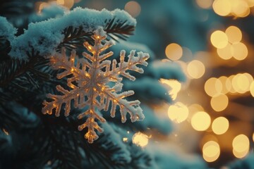 Aufkleber - Winter wonderland with glowing snowflake on a frosty tree branch at night
