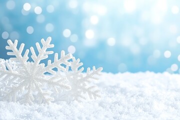 Aufkleber - Snowflakes contrast against a blurred blue background in a serene winter landscape filled with soft white snow