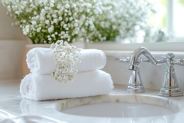 Poster - Soft white towels elegantly arranged beside a sink with delicate flowers in a bright bathroom setting