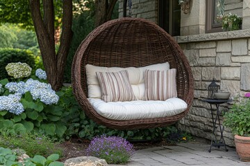 Poster - Cozy hanging chair surrounded by lush flowers in a tranquil garden setting during a sunny day