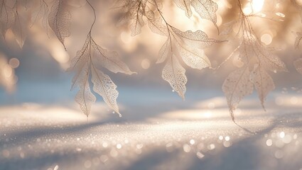 Wall Mural - beautiful winter scene of delicate leaves covered in frost with sunlight illuminating a snowy landsc