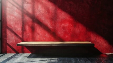 Fototapete - A rustic wooden bench sits empty beneath warm sunlight streaming through a window. The deep red wall casts striking shadows, creating an inviting yet contemplative atmosphere in the space