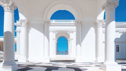 Poster - Minimalist Architectural Dreamscape Pristine White Classical Design with Neoclassical Columns, Azure Sky Perspective - Innovative Spatial Composition for Premium Branding and Creative Visualization