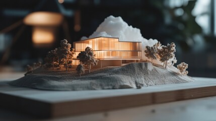 Poster - Sustainable Architectural Visualization Minimalist Eco-Design Model Showcasing Innovative Landscape Integration with Warm Illumination and Organic Terrain Detailing