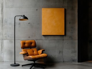Leinwandbilder - Industrial Minimalism Mustard Leather Eames-Style Chair in Raw Concrete Loft - Contemporary Design Narrative of Urban Sophistication and Architectural Elegance