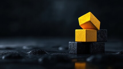 Poster - Dark Minimalist Risk Analysis Bold Yellow Geometric Cubes Balancing on Sleek Black Terrain - Strategic Business Resilience and Decision Making Visualization