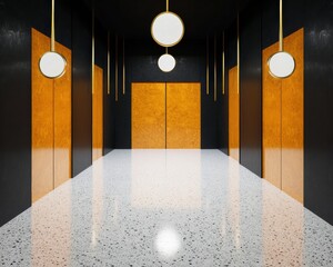 Poster - Avant-Garde Architectural Minimalism Immersive Industrial Showroom Design with Ochre Panels and Suspended Luminaires Defining Contemporary Spatial Narratives