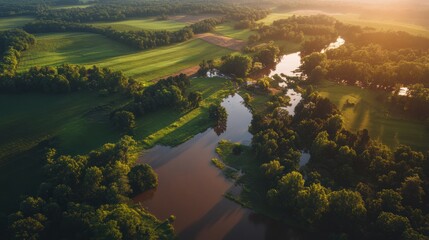 Leinwandbilder - Climate Resilience Landscape Aerial Drone Perspective of Sustainable Rural Ecosystem Revealing Environmental Adaptation and Regenerative Agricultural Transformation