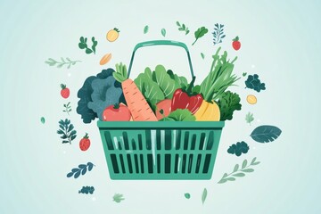 Poster - Minimalistic illustration of a green shopping basket filled with fresh vegetables and fruits on a soft pastel background Generative AI
