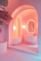 Aufkleber - Soft Futurism Wellness Space Pastel Immersive Bathroom Design with Curved Architectural Neon Lighting - Minimalist Gen Z Aesthetic Interior Innovation