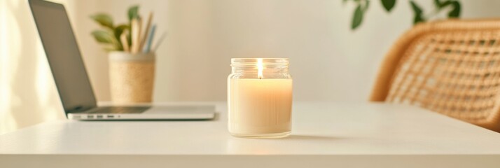 Aufkleber - Mindful Workspace Serenity Minimalist Home Office Design with Soft Illumination - Wellness-Focused Productivity and Digital Nomad Aesthetic