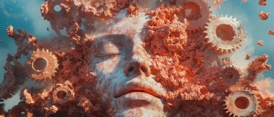 Poster - Techno-Human Convergence AI-Driven Industrial Metamorphosis - Surreal Metallic Visualization of Human Creativity and Technological Synergy