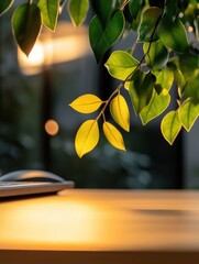 Aufkleber - Biophilic Workspace Illumination Soft Golden Light, Vibrant Green Leaves, and Minimalist Surface - Wellness-Driven Design for Modern Productivity Environments