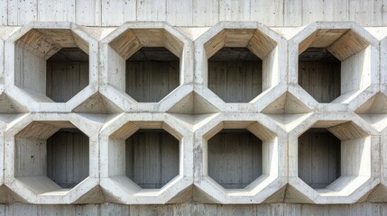 Fototapete - Hexagonal patterns in a concrete wall create a mesmerizing visual effect, highlighting modern architectural design against a clear blue sky in an urban setting