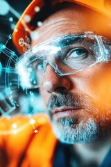 Aufkleber - Immersive AR Industrial Innovation Mature Technician Exploring Cutting-Edge Mixed Reality Diagnostics with High-Performance Safety Eyewear and Holographic Interface