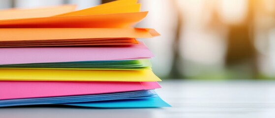 Poster - Chromatic Productivity Vibrant Multi-Colored Paper Stacks Revolutionizing Workplace Organization with Minimalist Digital-Age Efficiency Solutions