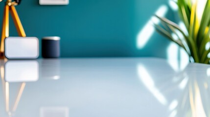 Leinwandbilder - Minimalist Smart Home Workspace Sleek Glass Surface with Tech Accessories, Empowering Productivity in Modern Digital Aesthetic