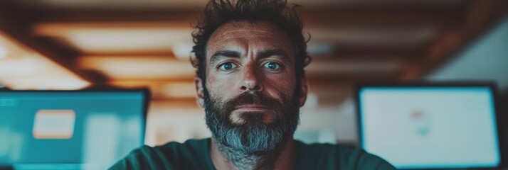 Fototapete - Immersive Digital Workspace Intense Professional Focus in Minimalist Tech Environment - Gen X Innovation and Concentrated Productivity Visualization