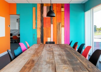 Aufkleber - Vibrant Cross-Cultural Collaboration Hub Reclaimed Wood Conference Space with Dynamic Color Psychology for Modern Workplace Innovation and Creative Team Engagement