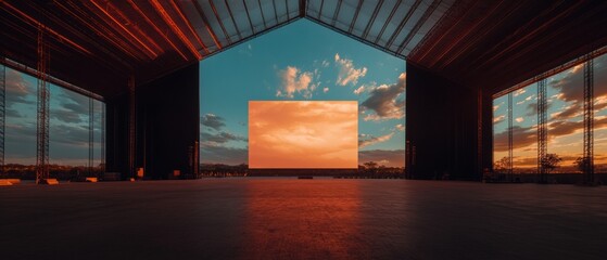Leinwandbilder - Immersive Architectural Visualization Industrial Hangar Transformed into Cinematic Experience with Dynamic Sunset Framing - Spatial Design and Emotional Storytelling