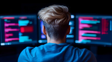 Person Working on Multiple Computer Screens with Programming Code