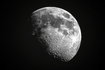 Wall Mural - close-up grayscale image of moon's surface, showing craters and texture detail showcases lunar topog