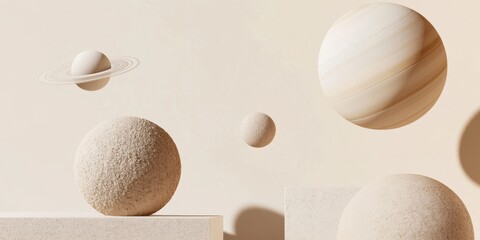 Poster - Minimalist Planetary Abstract Textural Neutral-Tone Spheres Exploring Spatial Design, Contemporary Architectural Visualization and Conceptual Scientific