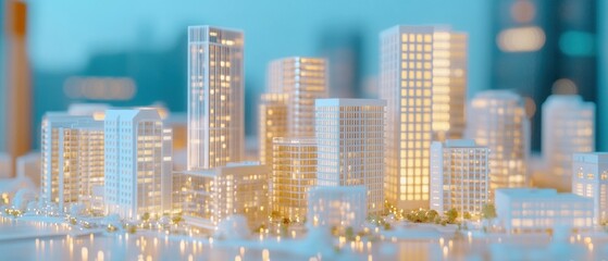 Aufkleber - Illuminated Smart City Architectural Models Futuristic Real Estate Investment Visualization with Dynamic Urban Planning and Digital Data Overlay for Strategic Portfolio Development