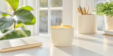 Leinwandbilder - Serene Minimalist Home Office Sanctuary Soft Gold Wellness Candle Elevating Productivity in Modern Workspace Design for Creative Professionals