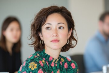 Aufkleber - Empowered Workplace Diversity Vibrant Millennial Professional in Textured Floral Sweater Embodying Creative Leadership and Inclusive Corporate Wellness