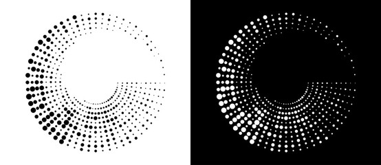 Leinwandbilder - Modern abstract background. Halftone dots in circle form. Round logo, design element or icon. Vector dotted frame. A black figure on a white background and an equally white figure on the black side.