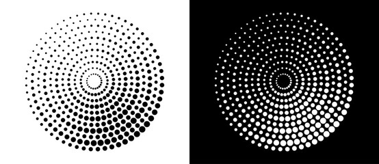 Fototapete - Modern abstract background. Halftone dots in circle form. Round logo, design element or icon. Vector dotted frame. A black figure on a white background and an equally white figure on the black side.