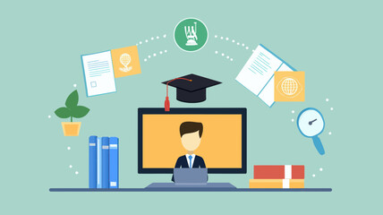 flat design vector illustration of distance education concept with student, books, laptop, graduatio