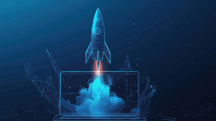 Wall Mural - abstract rocket launch from laptop screen - 3d low poly vector illustration on technological blue ba