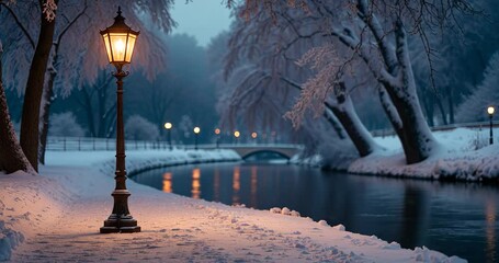 Wall Mural - an old street lamp is situated in a winter park alongside a riverbank.