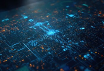 Fototapete - Cityscape at Night: An Aerial View of Urban Buildings with Illuminated Blue and Orange Tones