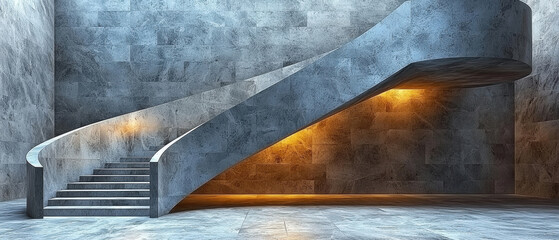 Poster - A modern architectural design featuring spiral staircase in minimalist space textured stone walls and warm lighting creates atmosphere