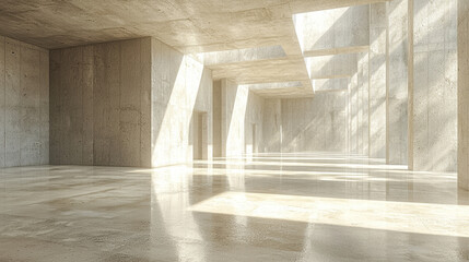 Poster - Spacious interior minimalist concrete architecture, with natural light streaming through large openings, creating and modern atmosphere