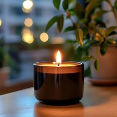 Poster - Burning Candle in Dark Jar on Wooden Surface with Blurry Warm Lights and Greenery