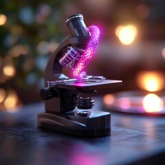 Fototapete - Glowing Pink and Purple Helix Emerging from Microscope Lens