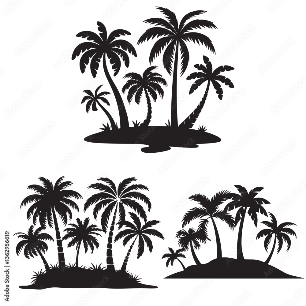 set of black island with palm trees silhouette vector for graphic ...