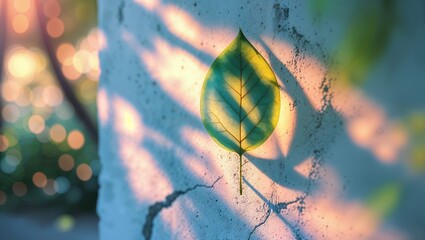 Wall Mural - beautiful leaf resting on a textured surface with vibrant sunlight creating dramatic shadows in a na