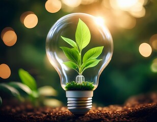 glowing light bulb with green plant inside bokeh background